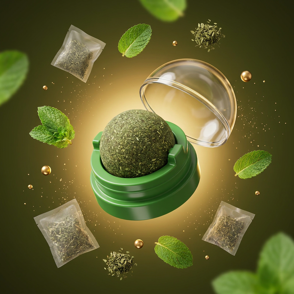 Wall High Ball catnip stick-on wall toy floating with mint leaves and herbs — Catnabis